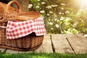 picnic basket on the ground surrounded by flowers and nature 
